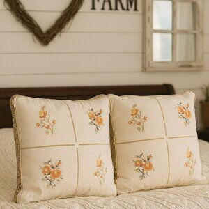 Pair Cottagecore Floral Cross Stitch Style Throw Pillows Sage Trim 18"